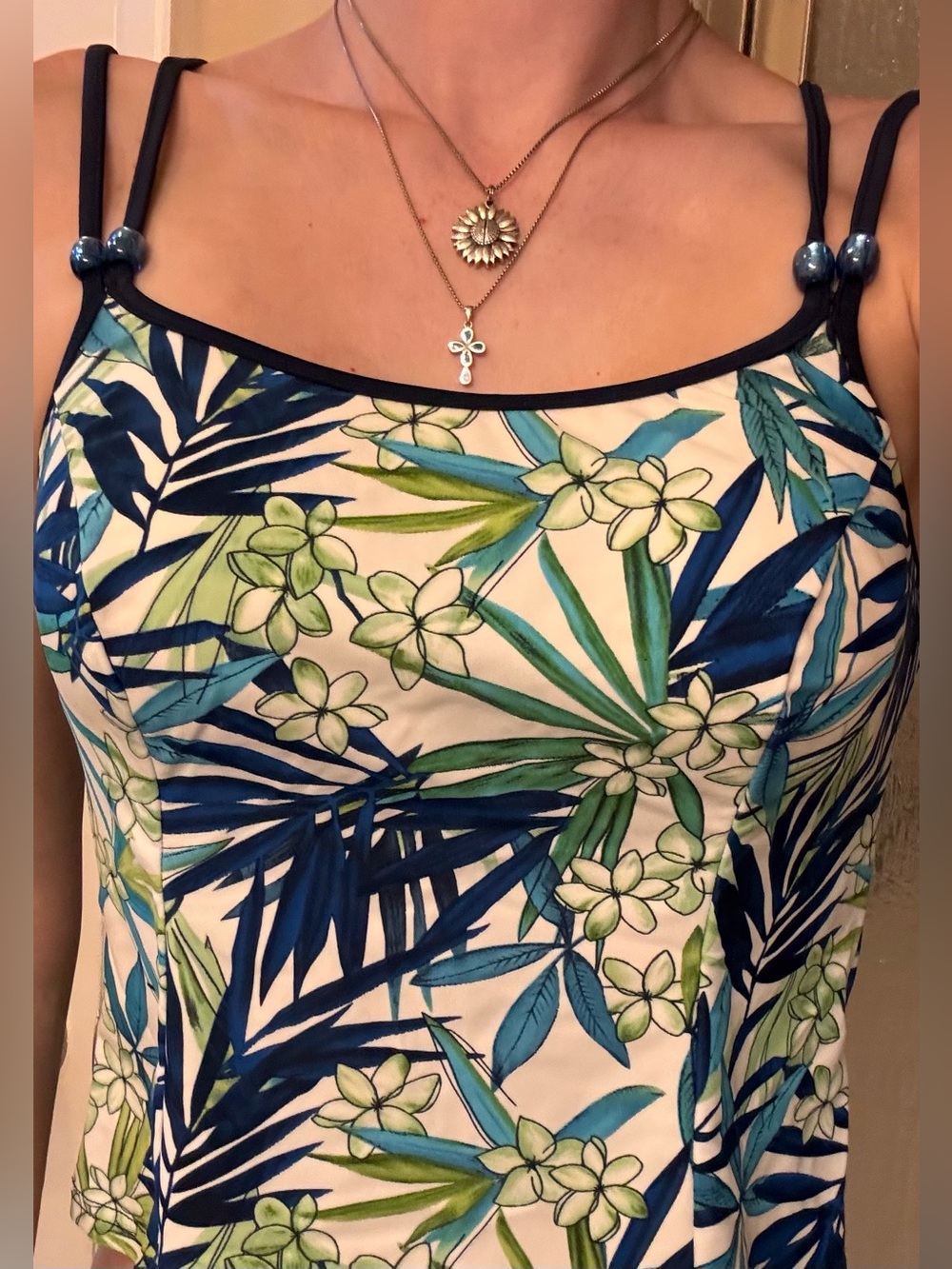 Vintage White Green Blue Tropical Beaded Tankini Swimsuit Tank Top M 6